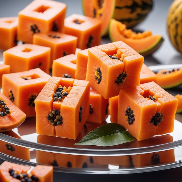 deliciosas frutas de papaia cortadas em pequenos cubos em uma placa de vidro isolada em fundo de papel branco