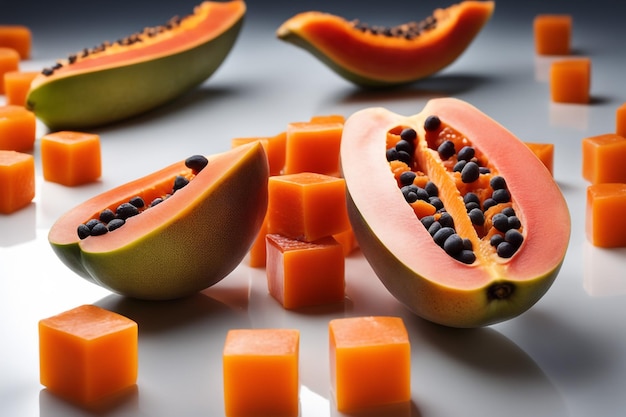 deliciosas frutas de papaia cortadas em pequenos cubos em uma placa de vidro isolada em fundo de papel branco