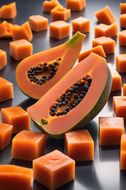 deliciosas frutas de papaia cortadas em pequenos cubos em uma placa de vidro isolada em fundo de papel branco