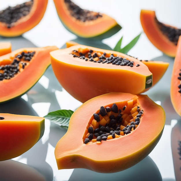 deliciosas frutas de papaia cortadas em pequenos cubos em uma placa de vidro isolada em fundo de papel branco