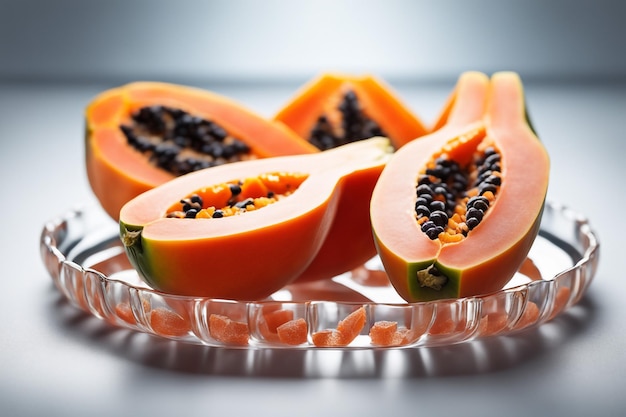 deliciosas frutas de papaia cortadas em pequenos cubos em uma placa de vidro isolada em fundo de papel branco