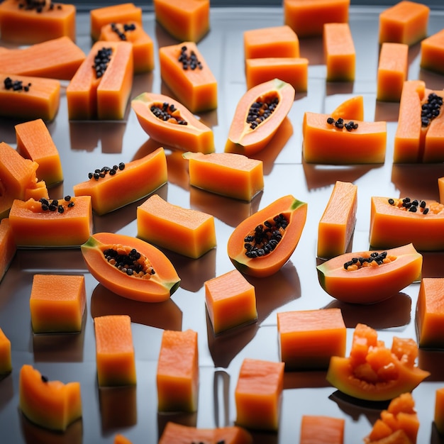 deliciosas frutas de papaya cortadas en pequeños cubos en una placa de vidrio aislada en fondo de papel blanco