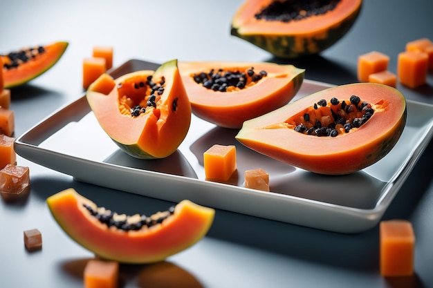 deliciosas frutas de papaya cortadas en pequeños cubos en una placa de vidrio aislada en fondo de papel blanco