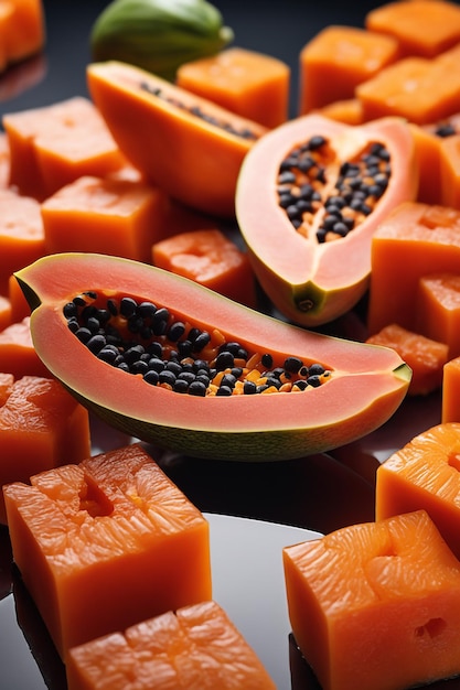 deliciosas frutas de papaya cortadas en pequeños cubos en una placa de vidrio aislada en fondo de papel blanco