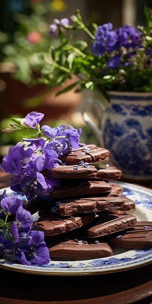 Deliciosas galletas caseras de chocolate hechas a mano fondo floral de verano IA generativa