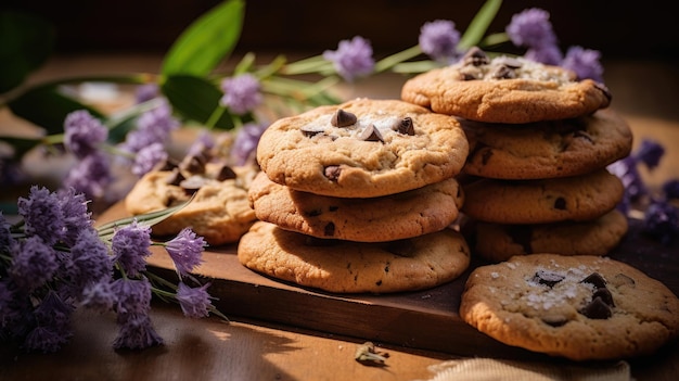 Deliciosas galletas caseras de verano con trocitos de chocolate y flores sobre una mesa de madera