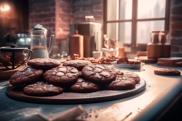 Deliciosas galletas de chocolate caseras en una mesa de madera rústica generada por IA