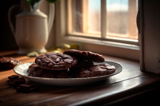 Deliciosas galletas de chocolate caseras en una mesa de madera rústica generada por IA