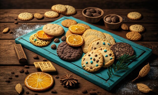 Foto las deliciosas galletas expuestas en un tablero de madera