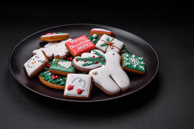 Deliciosas galletas de jengibre frescas y coloridas de Navidad o Año Nuevo