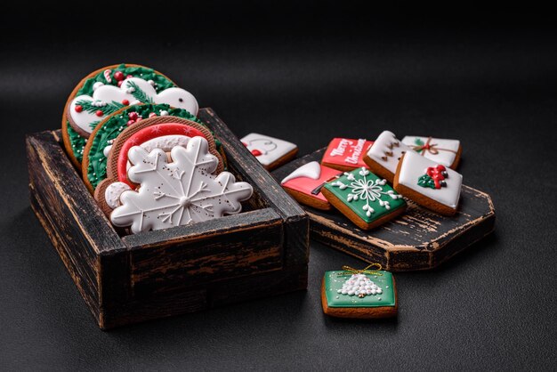 Deliciosas galletas de jengibre frescas y coloridas de Navidad o Año Nuevo