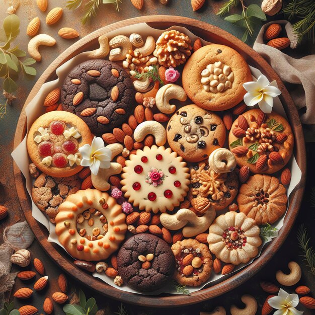 Deliciosas galletas y nueces con flores