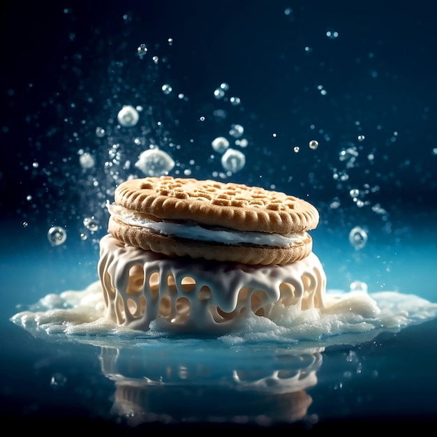 Deliciosas galletas Sandwich con flujo de crema de vainilla en el fondo oscuro