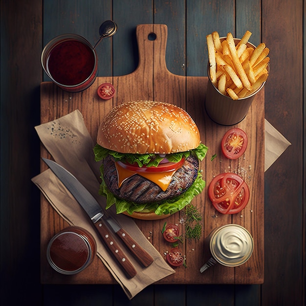 deliciosas hamburguesas caseras de queso de ternera y verduras en una mesa de madera antigua