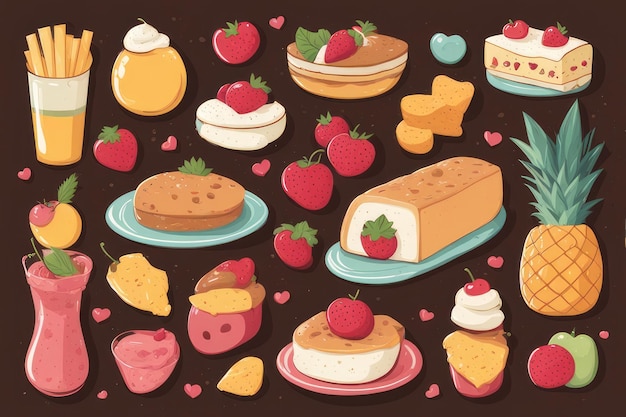 Deliciosas ilustraciones de comida de Kawaii dibujadas a mano Deliciosos y adorables golosinas