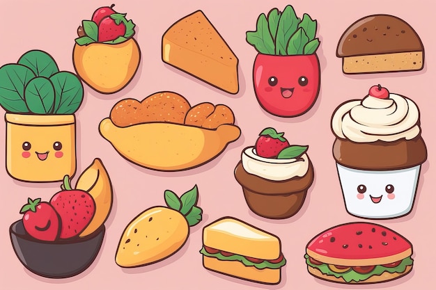 Deliciosas ilustrações de comida Kawaii desenhadas à mão Deliciosos, adoráveis e deliciosos deleites