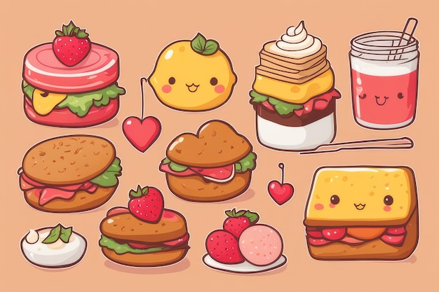 Deliciosas ilustrações de comida Kawaii desenhadas à mão Deliciosos, adoráveis e deliciosos deleites