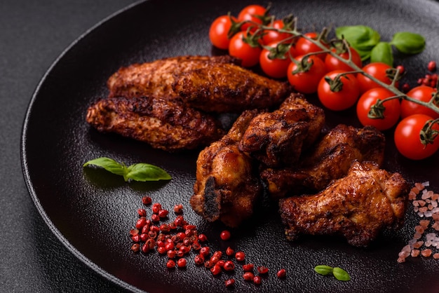 Foto deliciosas y jugosas alas de pollo horneadas en la parrilla con especias saladas y hierbas