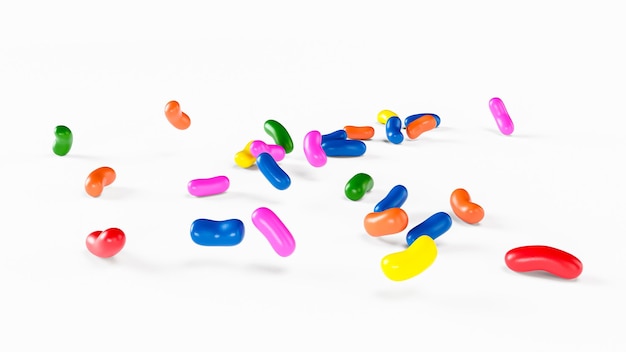 Deliciosas jujubas de cor caindo sobre fundo branco cor de fundo em borracha Jelly Beans ilustração 3d