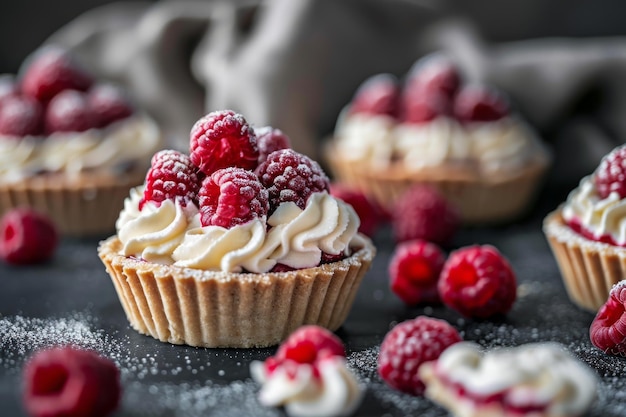 Deliciosas mini tartas de frambuesa con crema batida sobre un fondo oscuro