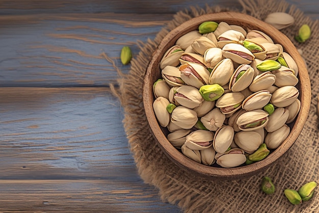 Deliciosas nueces de pistacho saladas en un fondo de madera rústica