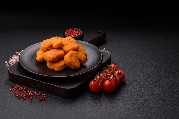 Deliciosas nuggets de frango frescas e crocantes sobre um fundo de concreto escuro