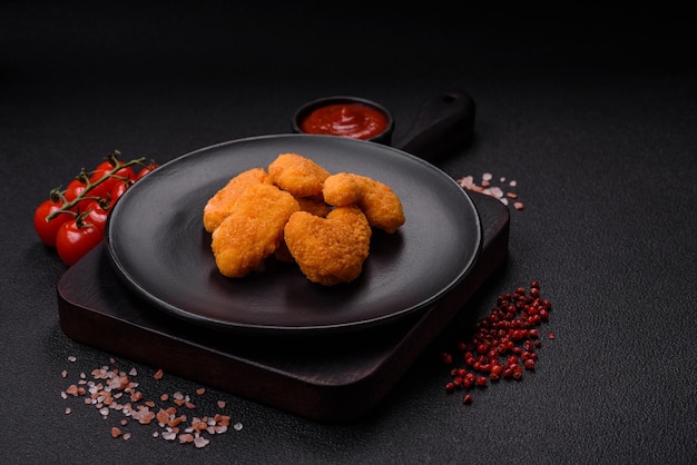 Deliciosas nuggets de frango frescas e crocantes sobre um fundo de concreto escuro