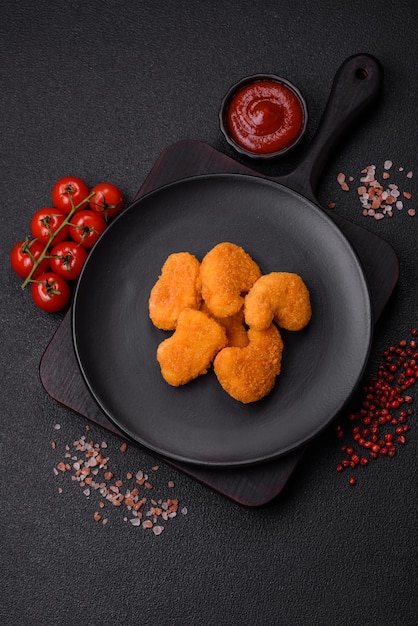 Deliciosas nuggets de frango frescas e crocantes sobre um fundo de concreto escuro