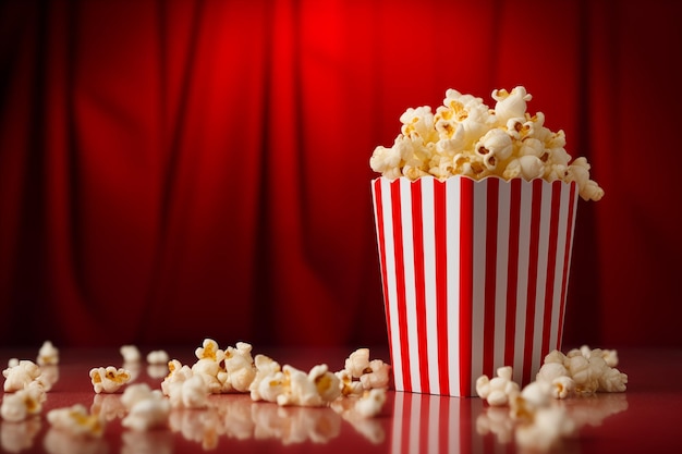 Deliciosas palomitas de maíz caseras en una taza de cubo a rayas contra un telón de fondo rojo de cine