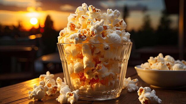 Foto deliciosas palomitas de maíz en la mesa con fondo borroso