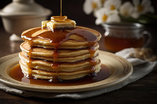 Deliciosas panquecas cobertas com mel Refeição perfeita para o café da manhã Generative AI