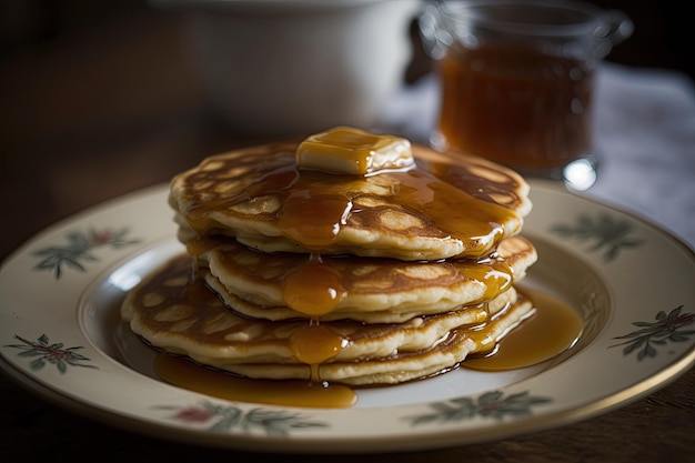 Deliciosas panquecas cobertas com mel Refeição perfeita para o café da manhã Generative AI