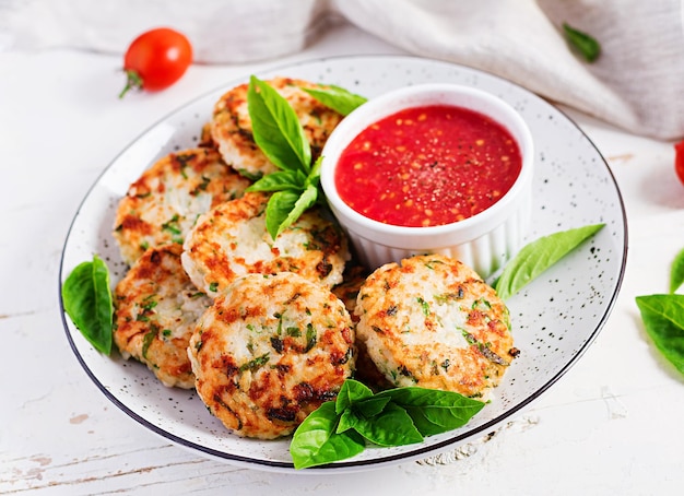 Deliciosas panquecas de arroz e carne de frango com molho de tomate de alho Alimentação dietética