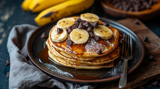 Foto deliciosas panquecas de banana e chocolate. imagem de pequeno-almoço.