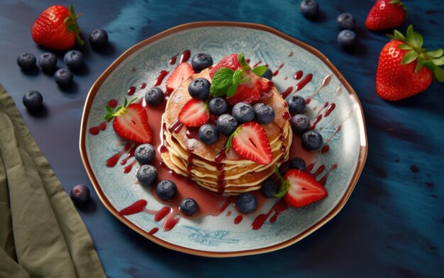 Deliciosas panquecas de café da manhã com xarope de bordo Morangos frescos e mirtilos AI geram