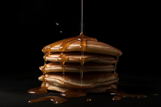 Foto deliciosas panquecas recém-assadas regadas com xarope de bordo em um pano de fundo escuro um café da manhã clássico