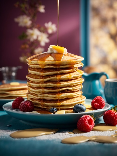 Foto deliciosas panqueques estadounidenses peludos discos marrón dorado de desayuno cielo textura almohada dulce