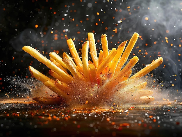 Deliciosas papas fritas fotografía explosión sabores estudio iluminación estudio fondo bien iluminado colores vibrantes enfoque agudo alta calidad artística única