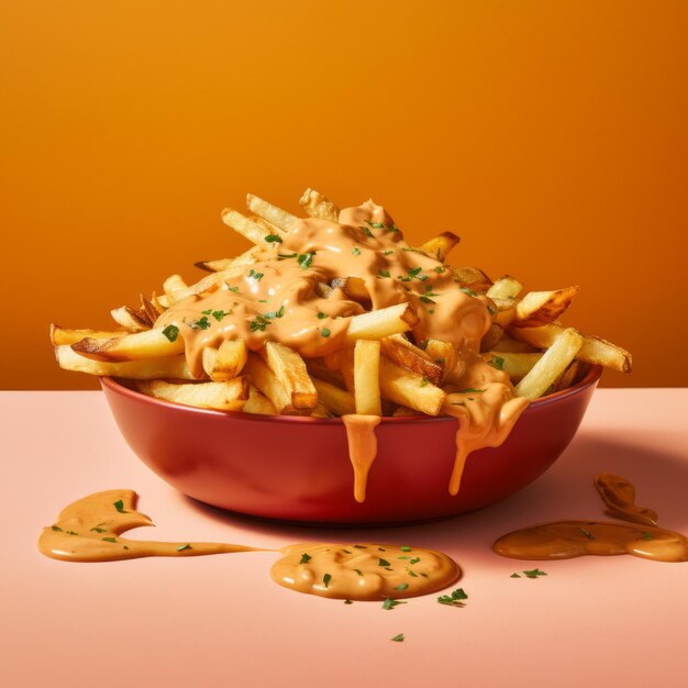 Deliciosas papas fritas con salsa de maní sobre fondo naranja vibrante