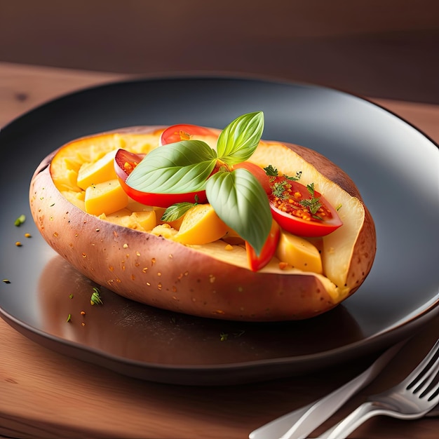 Deliciosas patatas al horno en un plato de vidrio de cerca