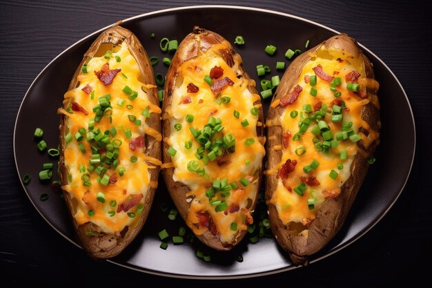 Deliciosas patatas al horno con tocino, cebolla verde y queso Plato para la cena Vista de cerca de arriba