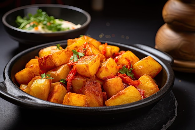 Deliciosas patatas bravas espanholas fritas de batatas