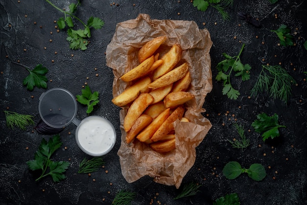 Deliciosas patatas crujientes sobre un fondo de piedra oscura con salsa cremosa. Restaurante de comida rápida. Opción saludable de comida rápida.