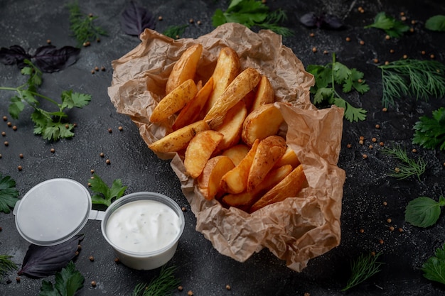 Deliciosas patatas crujientes sobre un fondo de piedra oscura con salsa cremosa. Restaurante de comida rápida. Opción saludable de comida rápida.