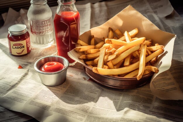 Deliciosas patatas fritas doradas crujientes con platos generativos IA