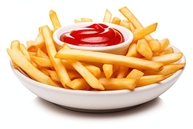 Deliciosas patatas fritas con ketchup sobre fondo blanco.
