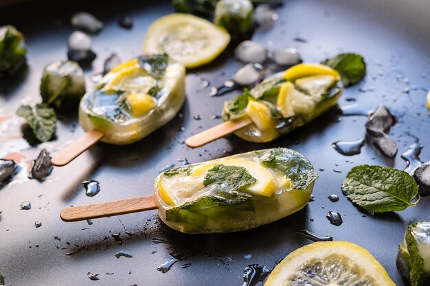 Foto deliciosas porções de suculento gelo de limão com luz de fundo