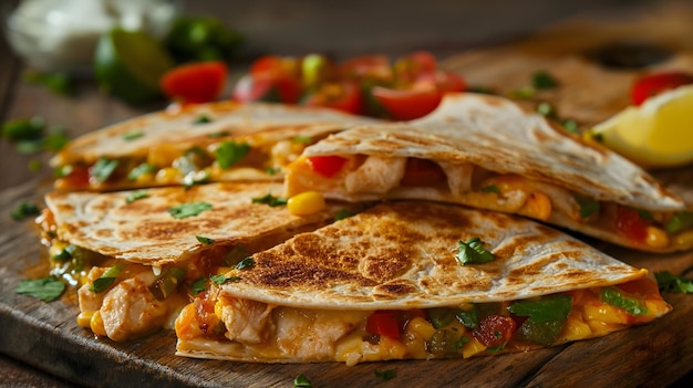 Deliciosas quesadillas de pollo a la parrilla en una mesa de madera