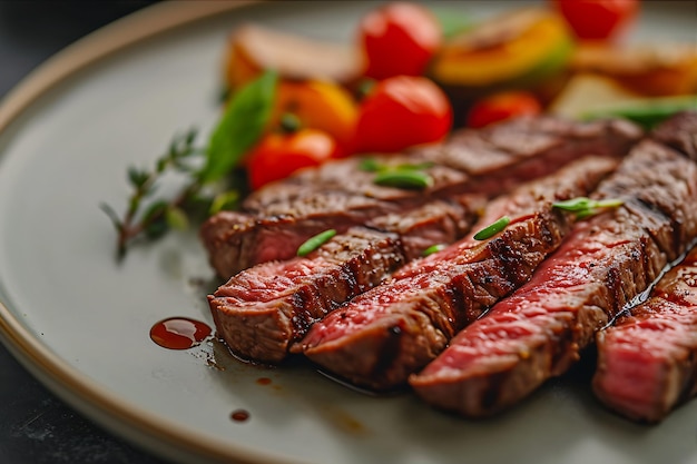 Deliciosas rebanadas de bistec con verduras en el plato