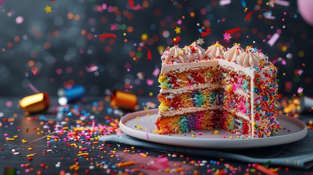 Deliciosas rebanadas de pastel de cumpleaños con salpicaduras en el plato Imagen